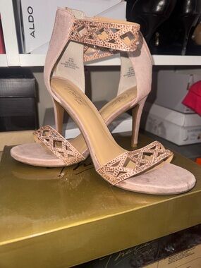 Thalia Sodi Blush Pink Suede Laser-Cut Ankle Strap Heels